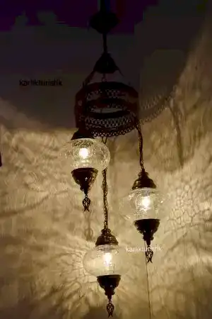 Osmanlı Lamba Avize 3 lü Sarkıt Dekoratif Aydınlatma Tavan Lambası Şefaf Otantik I-S-C-5301