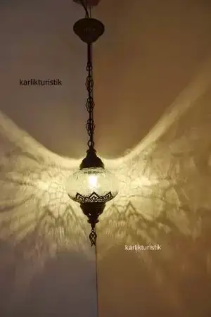 Osmanlı Tekli Sarkıt Şefaf Lamba Çatak Desen Otantik Metal No3 I-S-H-5201-lazerli