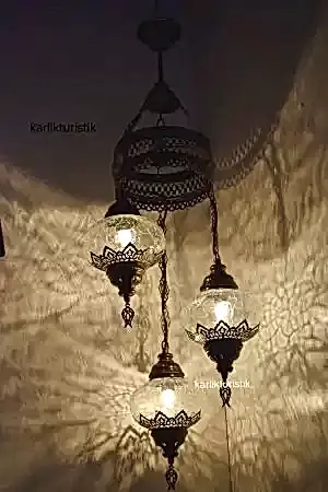Osmanlı Lamba Avize 3lü Sarkıt Dekoratif Aydınlatma Tavan Lambası Şefaf Çatak Lazerli