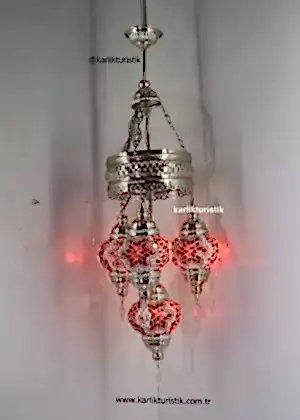 Mozaik Lamba Avize 4lü Gümüş Kaplama Sarkıt Rustik Tavan Lambası Renkli Osmanlı Avize I-S-C 5321