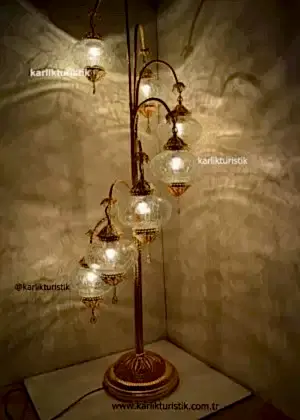 Lambader Şeffaf Cam Çatlatma Desen, Otantik Ayaklı Lamba 7 camlı, Osmanlı Tarzı Lambader  Altın Kaplama Özel Seri Telkari Bakır