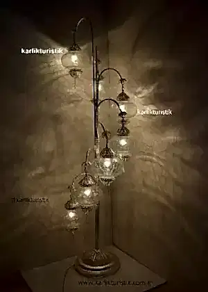 Lambader Şeffaf Cam Çatlatma Desen, Otantik Ayaklı Lamba 7 camlı, Osmanlı Tarzı Lambader Gümüş Kaplama Özel Seri Telkari