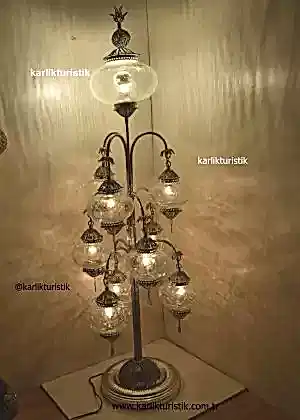 Lambader Şeffaf Cam Çatlatma Desen, Otantik Ayaklı Lamba 10 camlı, Osmanlı Tarzı Lambader Gümüş Kaplama Özel Seri