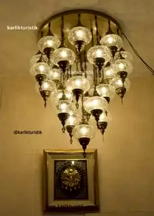 Otel Avizesi, Ev Avizesi, Dekoratif Restoran Lambası 25 li kısa osmanlı lamba, türk yapımı otantik aydınlatma şefaf çatlak camlı