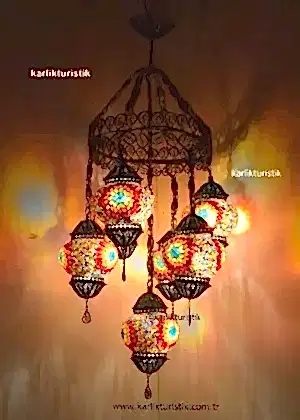 Mozaik Lamba Sarkıt,Türk Lamba Avize,Mozaik Lamba ,El Yapımı Telkari Sanatı Bakır Malzeme 7 li Avize