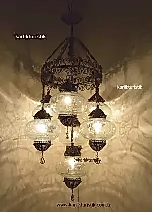 Osmanlı avize&nbsp;Modelleri,Türk Lambası Avize,Çatlak Cam Lamba Askısı,Moraccon Lamba,El Yapımı Telkari sanatı Bakır Malzeme 7 li Avize