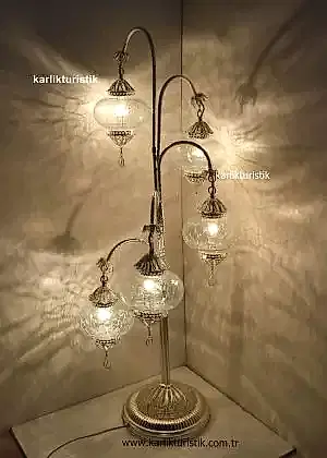 Lambader Şeffaf Cam Çatlatma Desen, Otantik Ayaklı Lamba 5 camlı, Osmanlı Tarzı Lambader Gümüş Kaplama Özel Seri Telkari