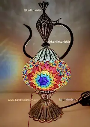 İbrik şeklinde lamba aydınlatma armatürü telkari sanat bakır mozaik masa lambası Osmanlı lambası - F-T-205 GÜMÜŞ KAPLAMALI