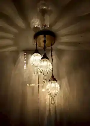 Avize Lamba Tavan Armatürü 3 lü damla  camlı  Dekoratif tarz Ev-Otel Avizesi, türk yapımı otantik aydınlatma