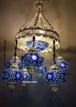 Ev Sarkıt Lambaları  Otel Avize Aydınlatma 8 mozaik cam Türk ışığı Bakır Telkari sanatı Gümüş Kaplama Mavi Camlı Avize