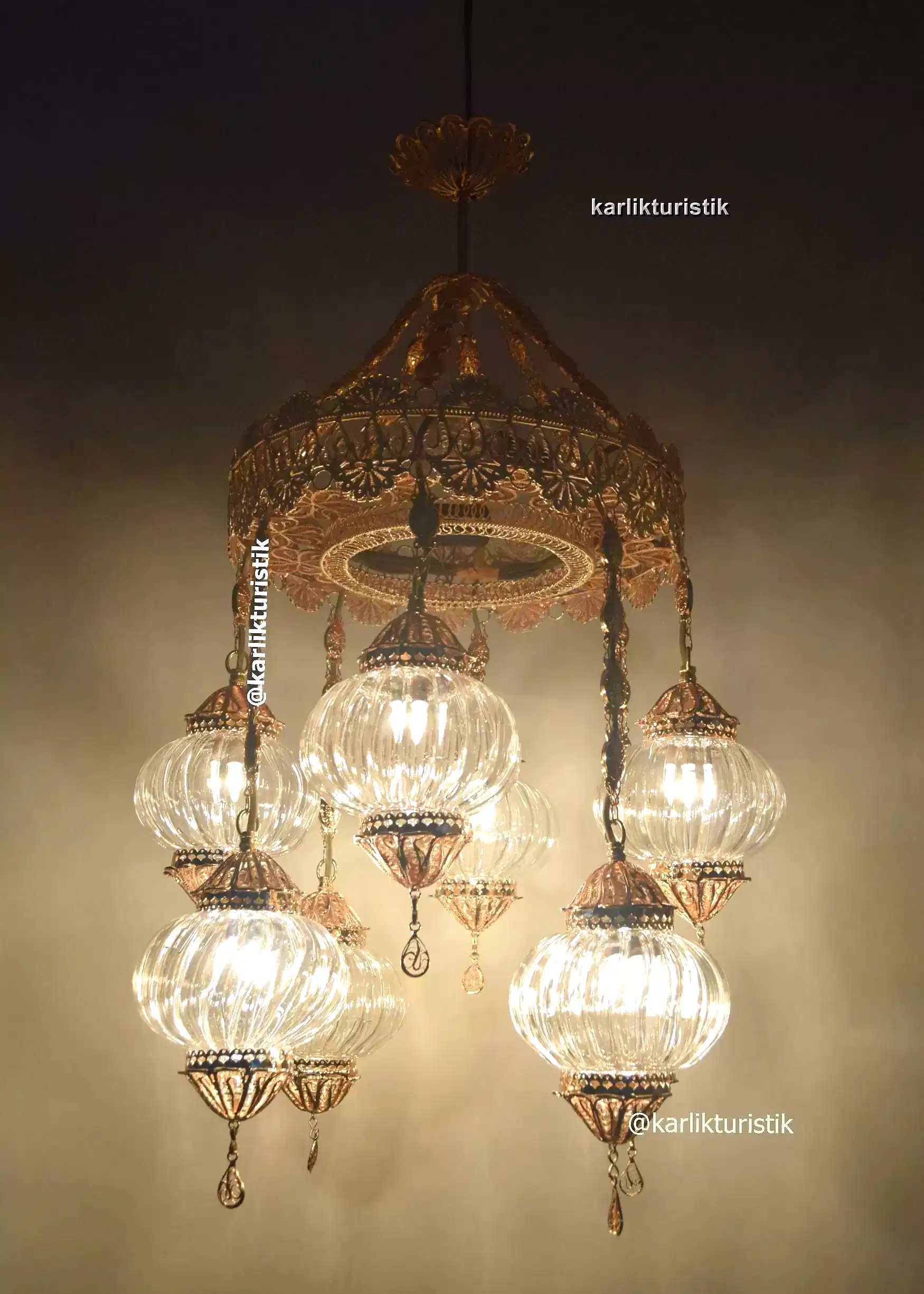 Lüks Altın Kaplama Otel Restorant Avizeleri Geleneksel ve Ayrıcalıklı Tasarım Bakır Telkari sanat otantik sarkıt lambalar25
