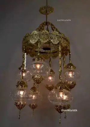 Lüks Altın Kaplama Otel Restorant Avizeleri  Geleneksel ve Ayrıcalıklı Tasarım Bakır Telkari sanat otantik şeffaf çatlak camlı  sarkıt lambalar